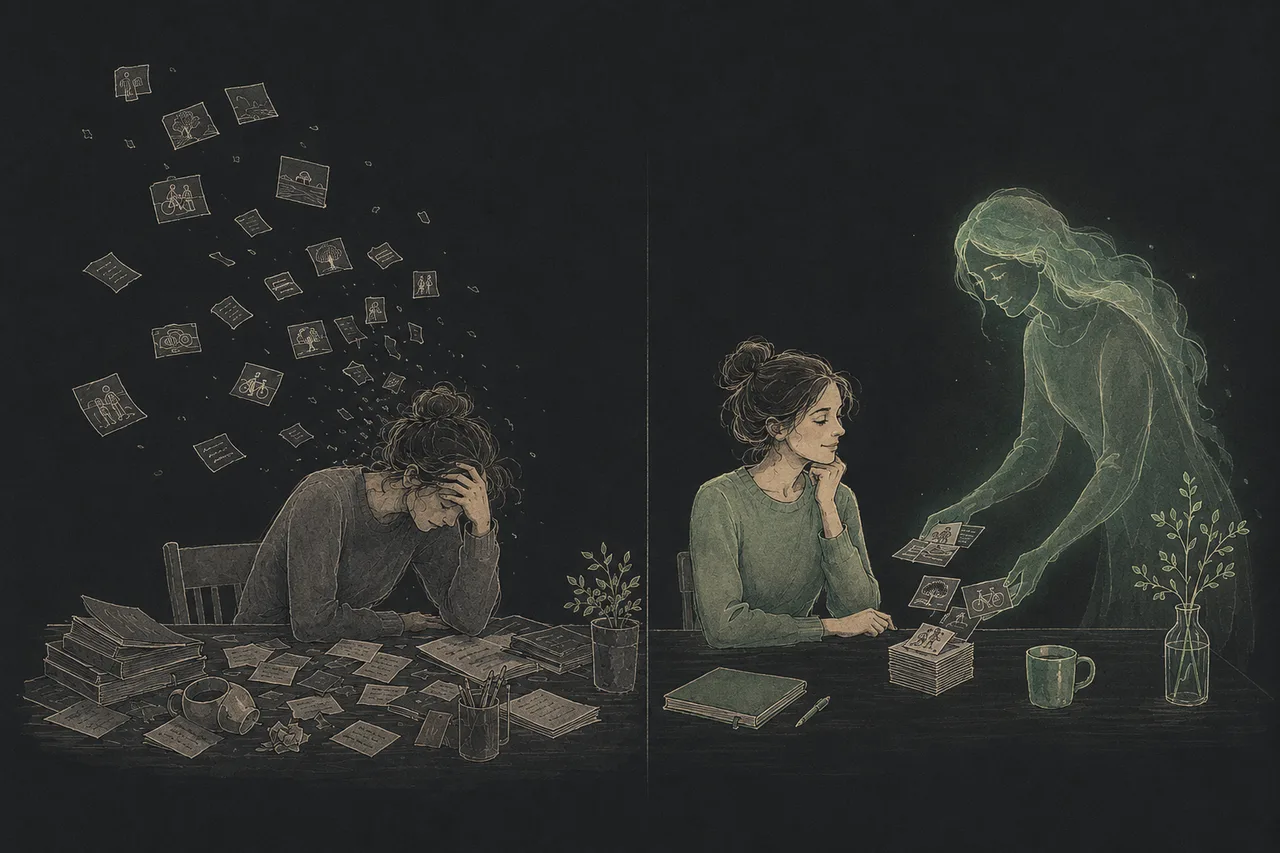 An editorial illustration. On the left, a person slumps with their head in one hand as cards of memory scatter away. On the right, the same person sits calm while a soft mint helper figure helps reassemble the cards on the table.