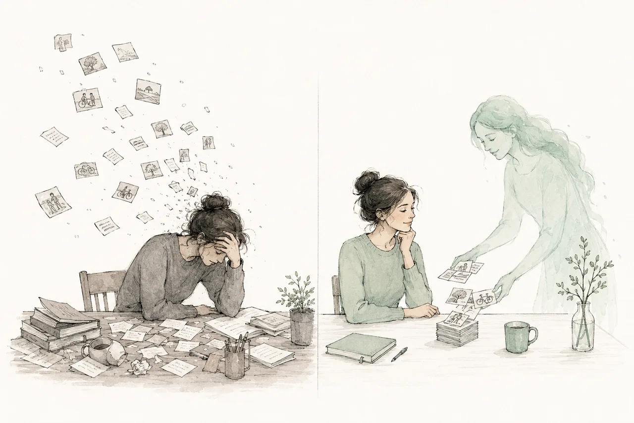 An editorial illustration. On the left, a person slumps with their head in one hand as cards of memory scatter away. On the right, the same person sits calm while a soft mint helper figure helps reassemble the cards on the table.