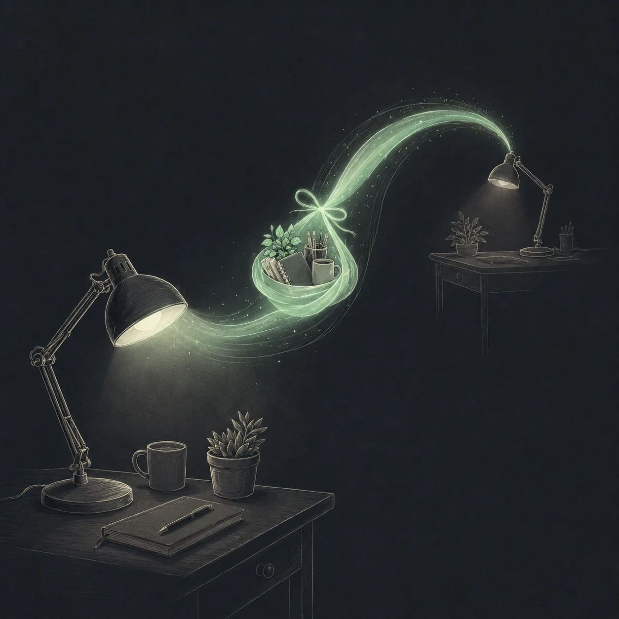 Two lamps set apart with depth, a mint ribbon of light carrying a small bundle from the near one up to the far one.