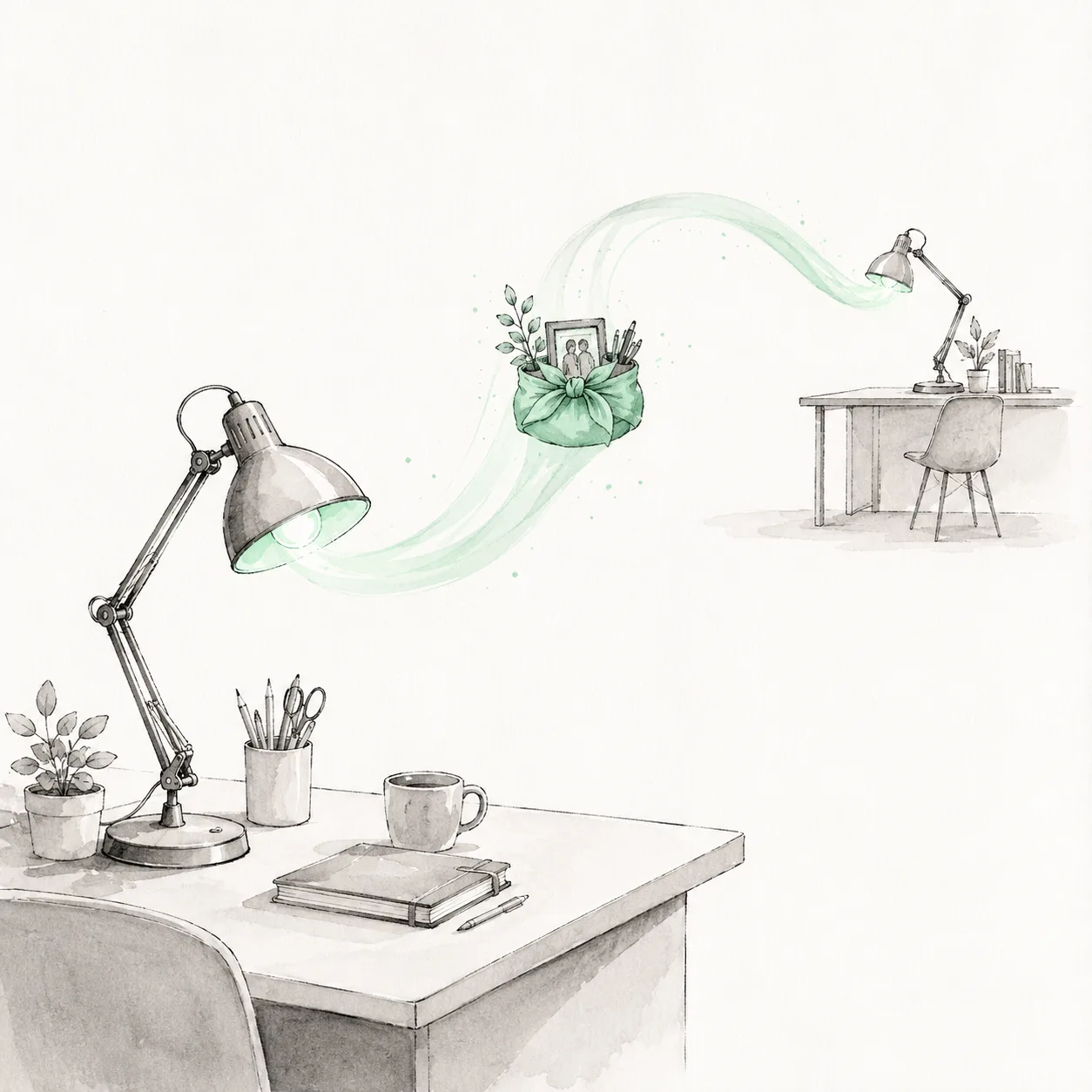 Two lamps set apart with depth, a mint ribbon of light carrying a small bundle from the near one up to the far one.