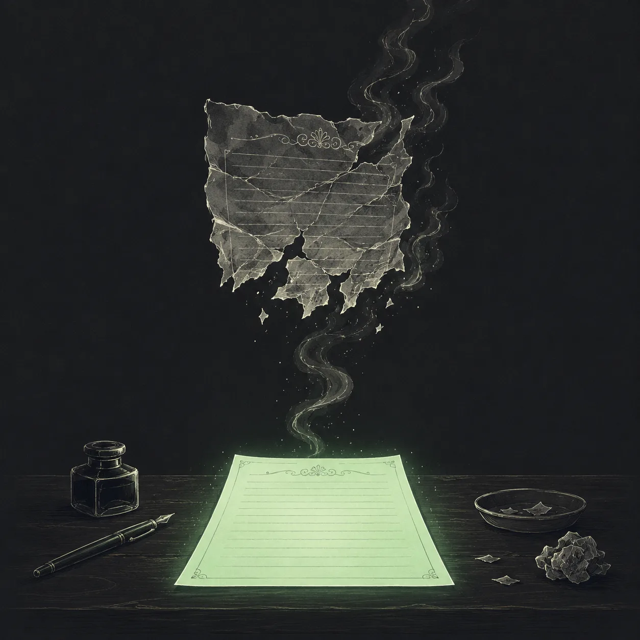A torn, crumpled page curling into thin smoke while a clean, intact version of the same page settles back into place.