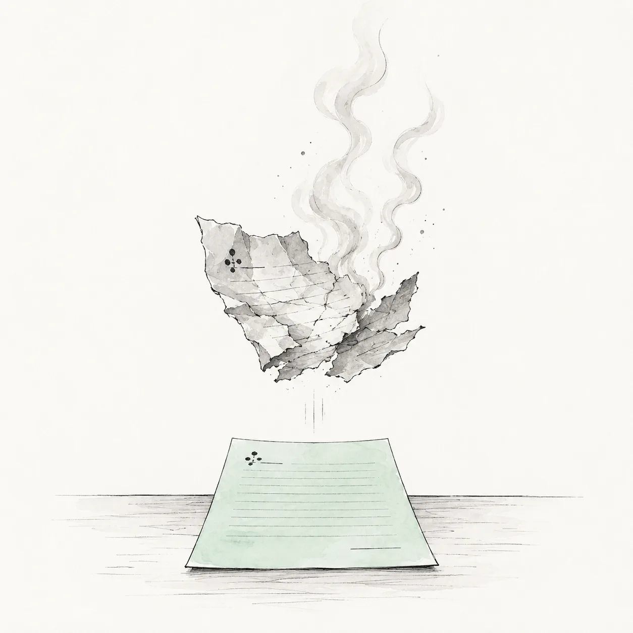A torn, crumpled page curling into thin smoke while a clean, intact version of the same page settles back into place.