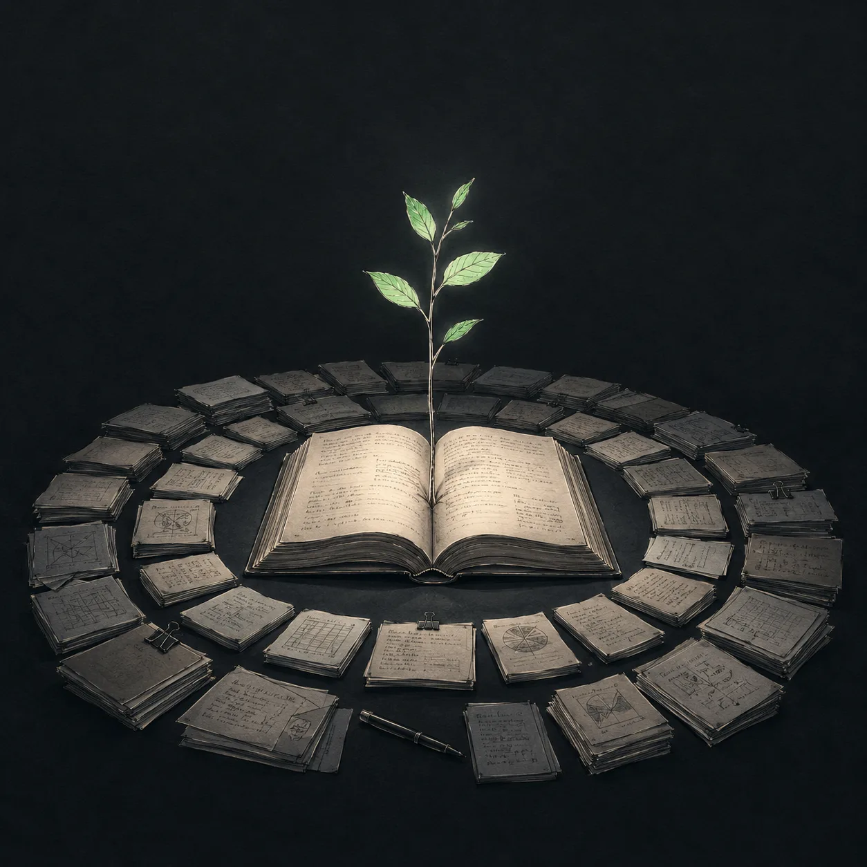 A small mint sapling growing out of an open book on a desk, ringed by layered stacks of notes: months of accumulated work worth keeping.