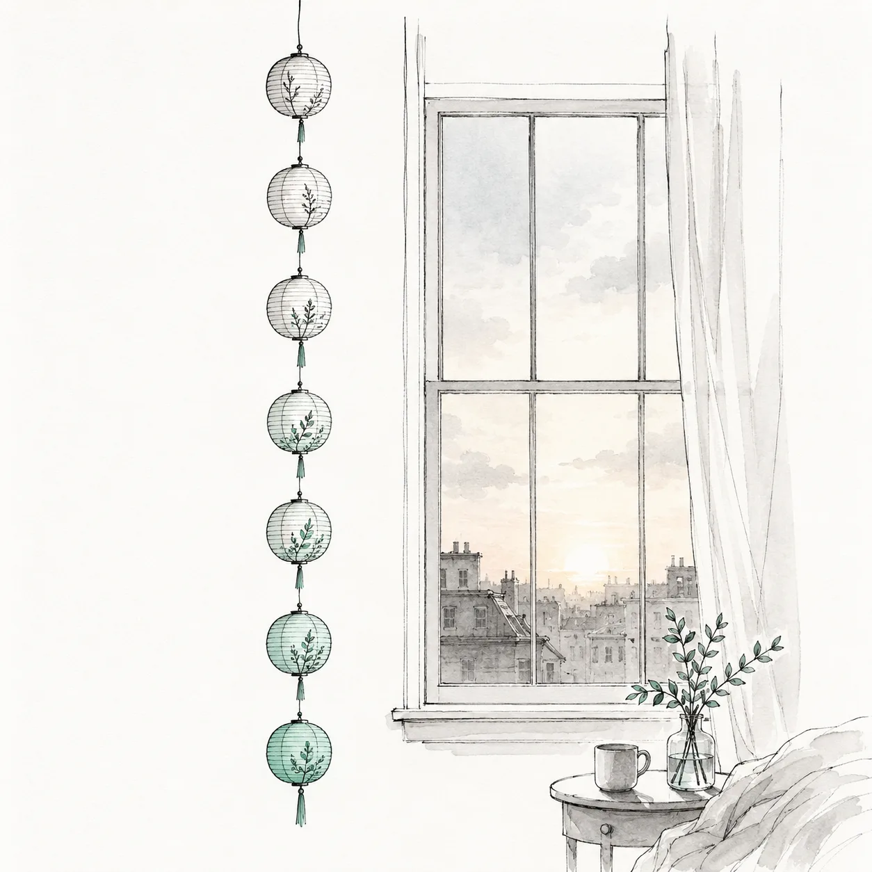 A vertical string of small mint lanterns descending beside a window at first dawn light, each marking a moment from the night.