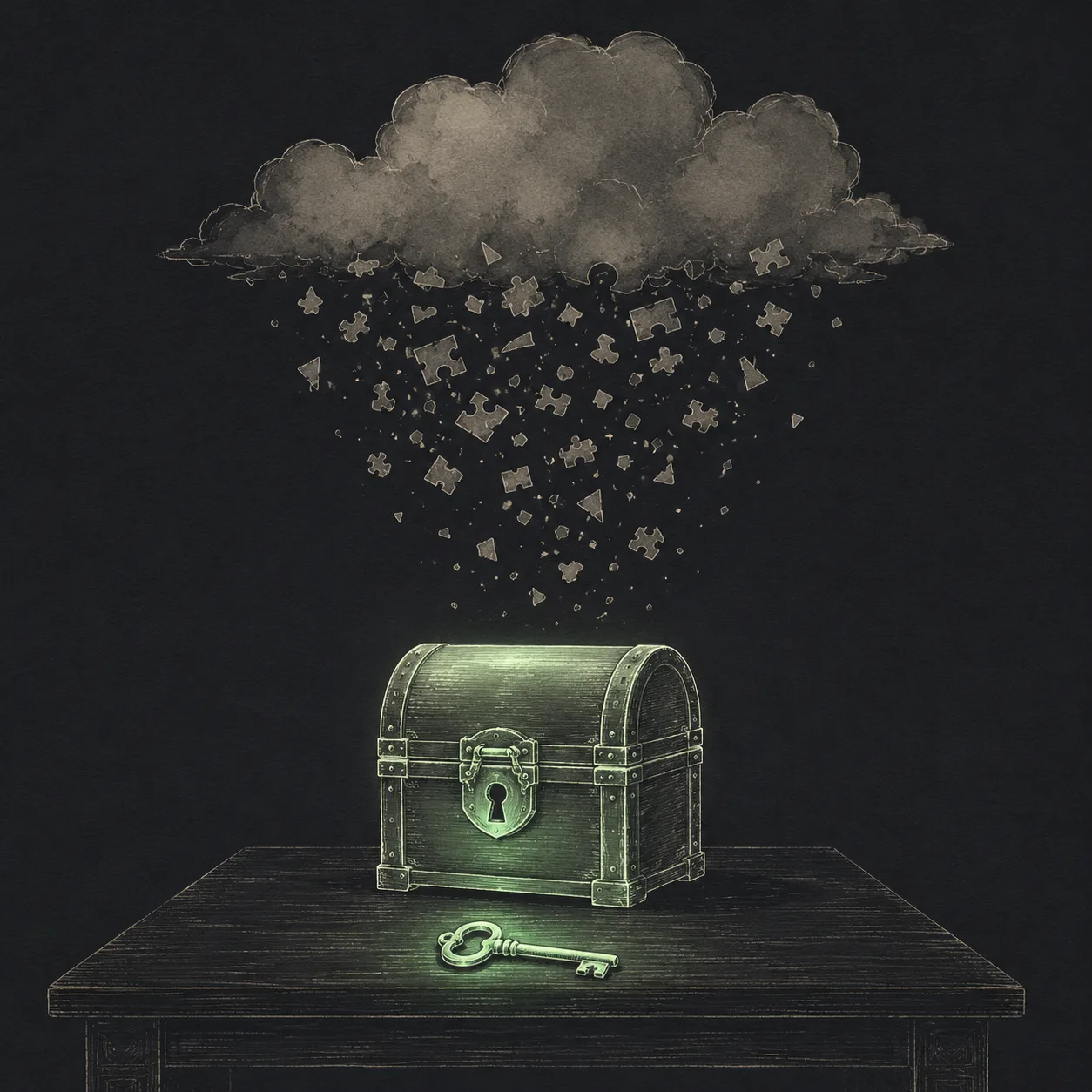 A locked chest with its key resting in front of it; above, a slate-gray cloud receives only scrambled mint shards, never the whole.
