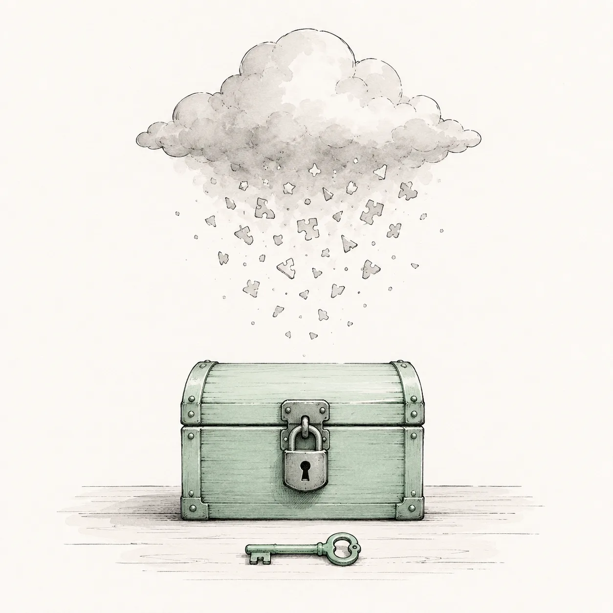 A locked chest with its key resting in front of it; above, a slate-gray cloud receives only scrambled mint shards, never the whole.
